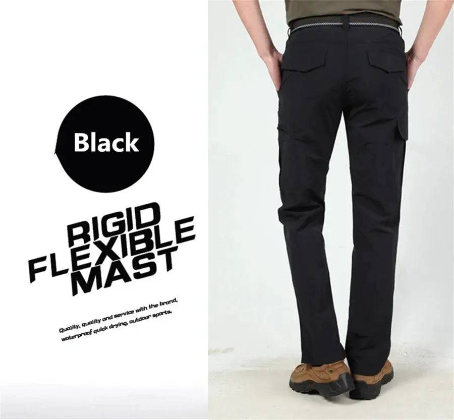 Black men's outdoor waterproof tactical cargo pants with back and side pockets.