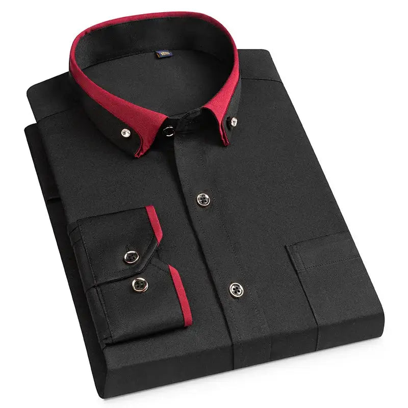 Simples Market men's black button-down dress shirt with red contrast collar and cuffs, pocket