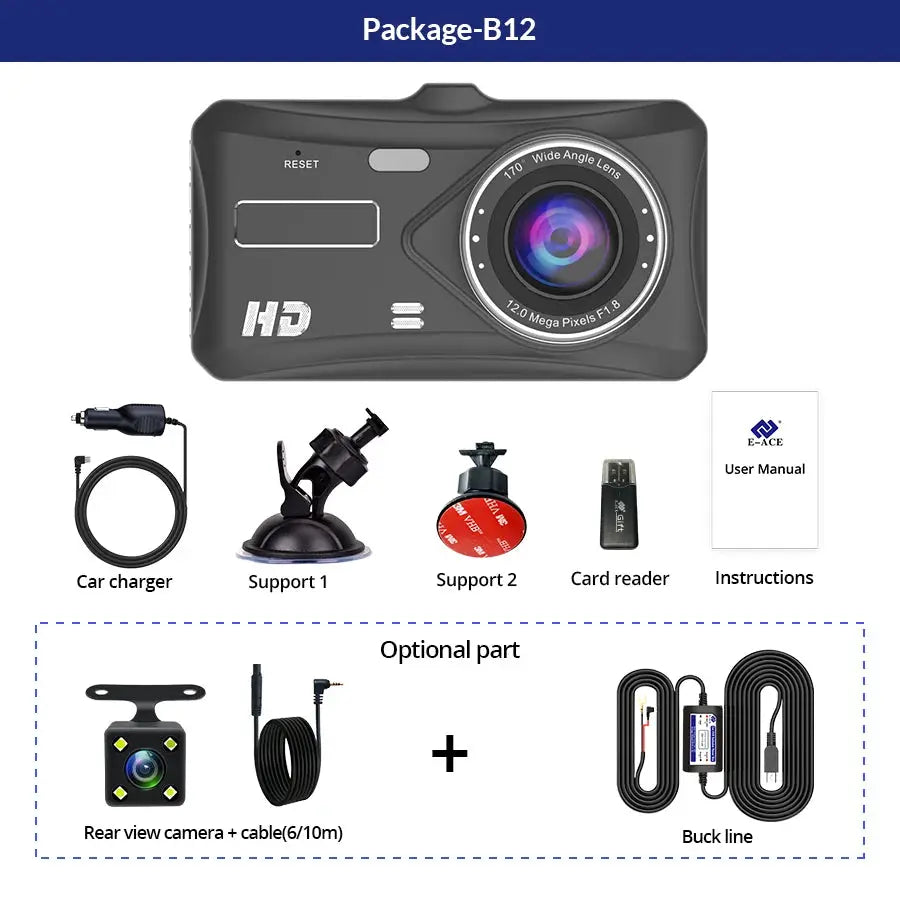 E-ACE 1080P B12 dash cam with touchscreen; includes car charger, suction mount, card reader, manual, rear cam kit.