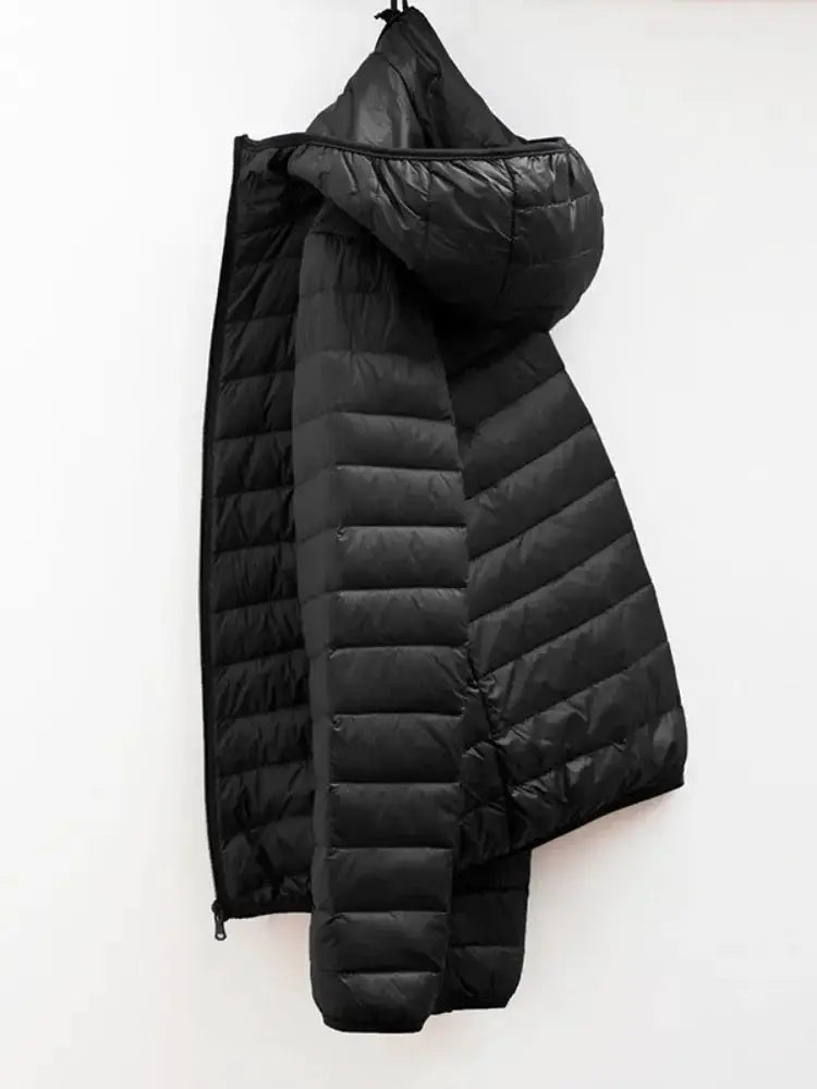 Men's black hooded puffer down coat, ultralight quilted outerwear.