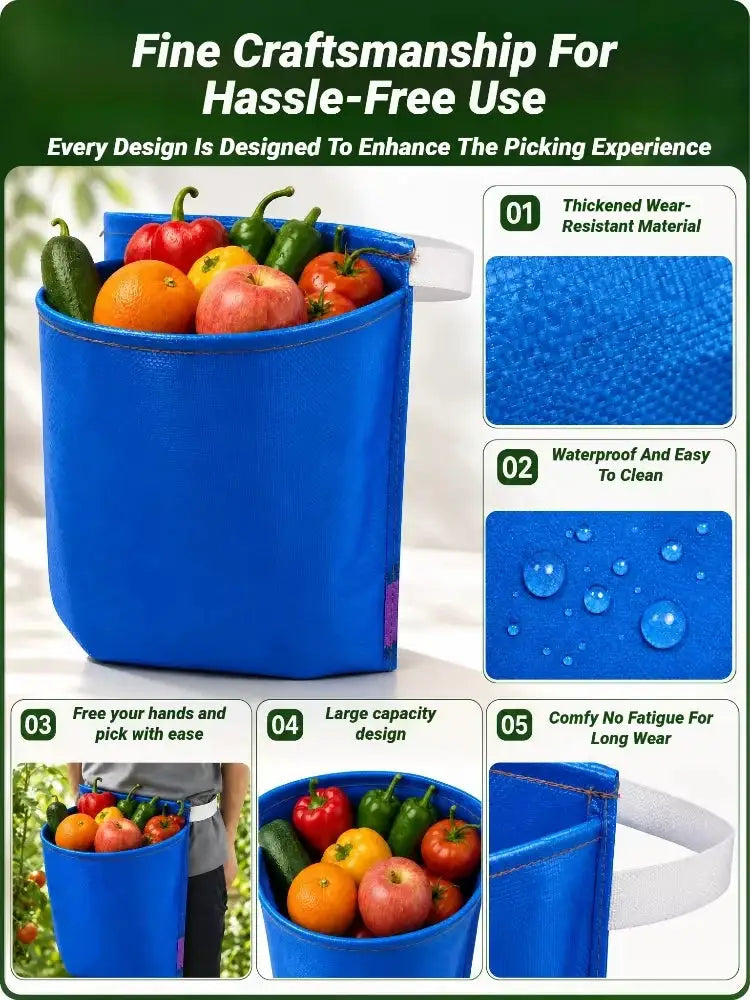 Waterproof fruit and vegetable picking apron by Simples Market, blue waist harvest bag for garden use