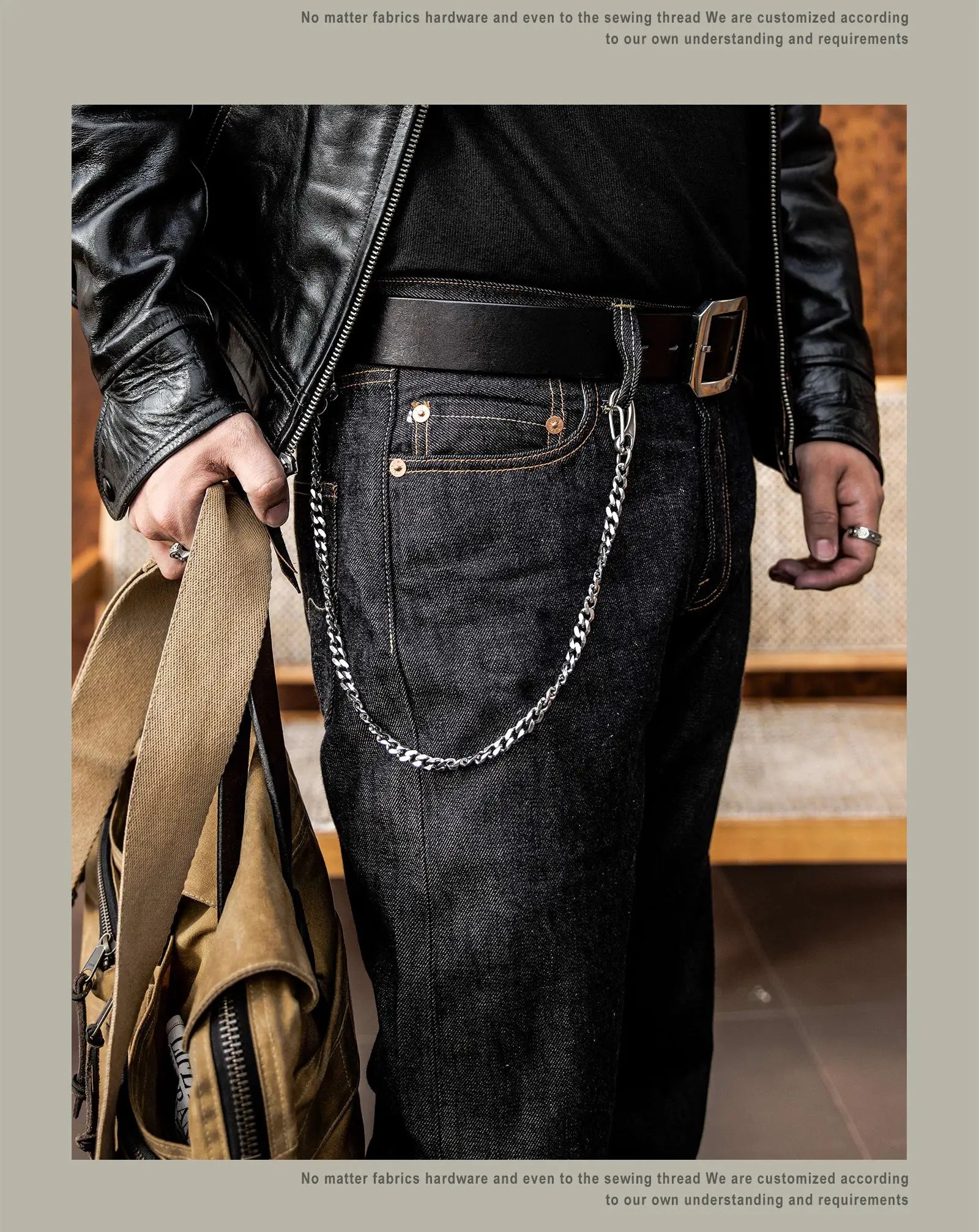 Denim jeans by Simples Market, dark indigo with copper rivets and a silver chain belt