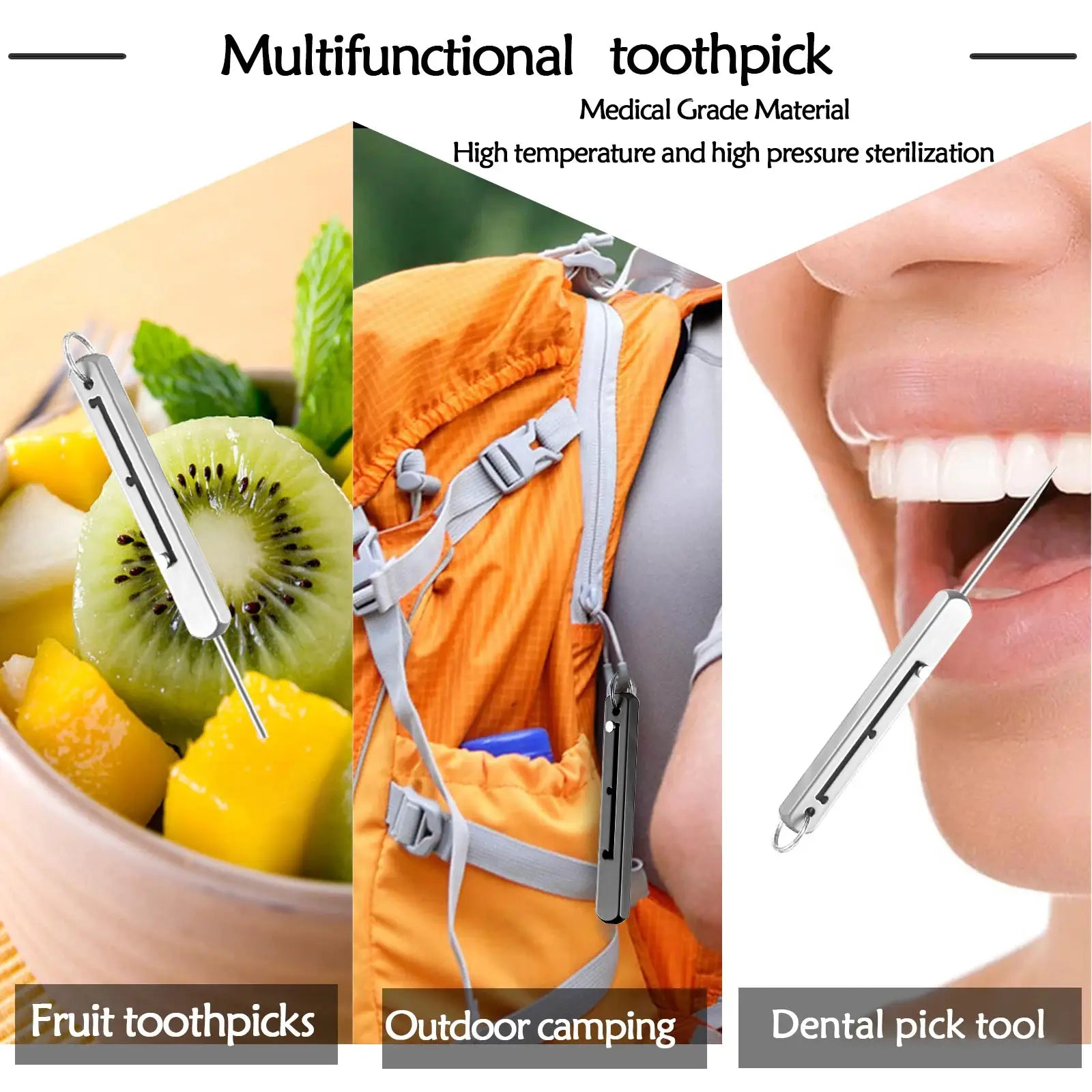 Portable titanium toothpick holder by Simples Market; compact pocket dental tool for outdoor camping.