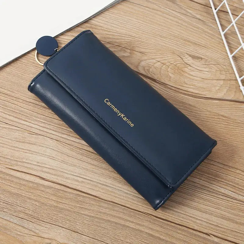 Long PU leather wallet for women in navy blue with gold lettering, multi-functional fold purse