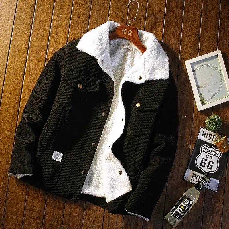 Simples Market men's black corduroy jacket with white sherpa lining on a wooden hanger
