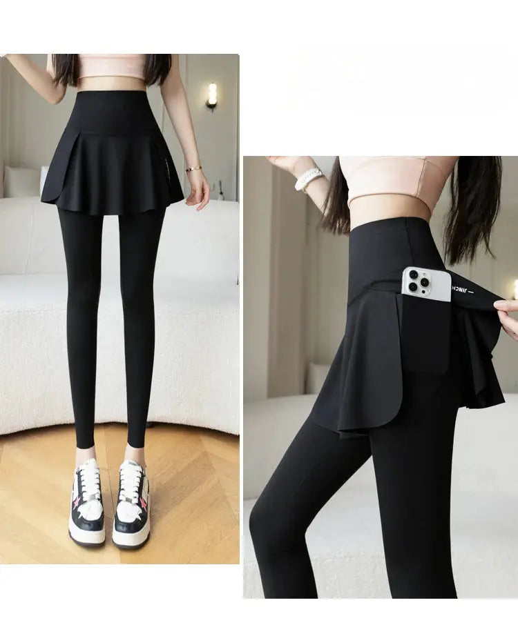 Women's black high-waist leggings with attached flared skirt overlay and side pocket