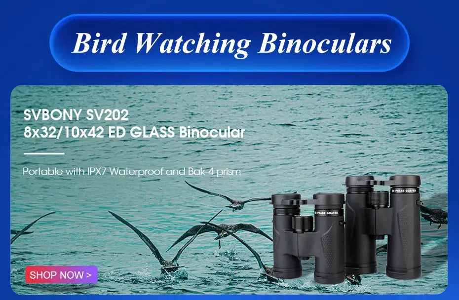 Binoculars SVBONY, three black IPX7 waterproof units with 8x32/10x42 ED glass
