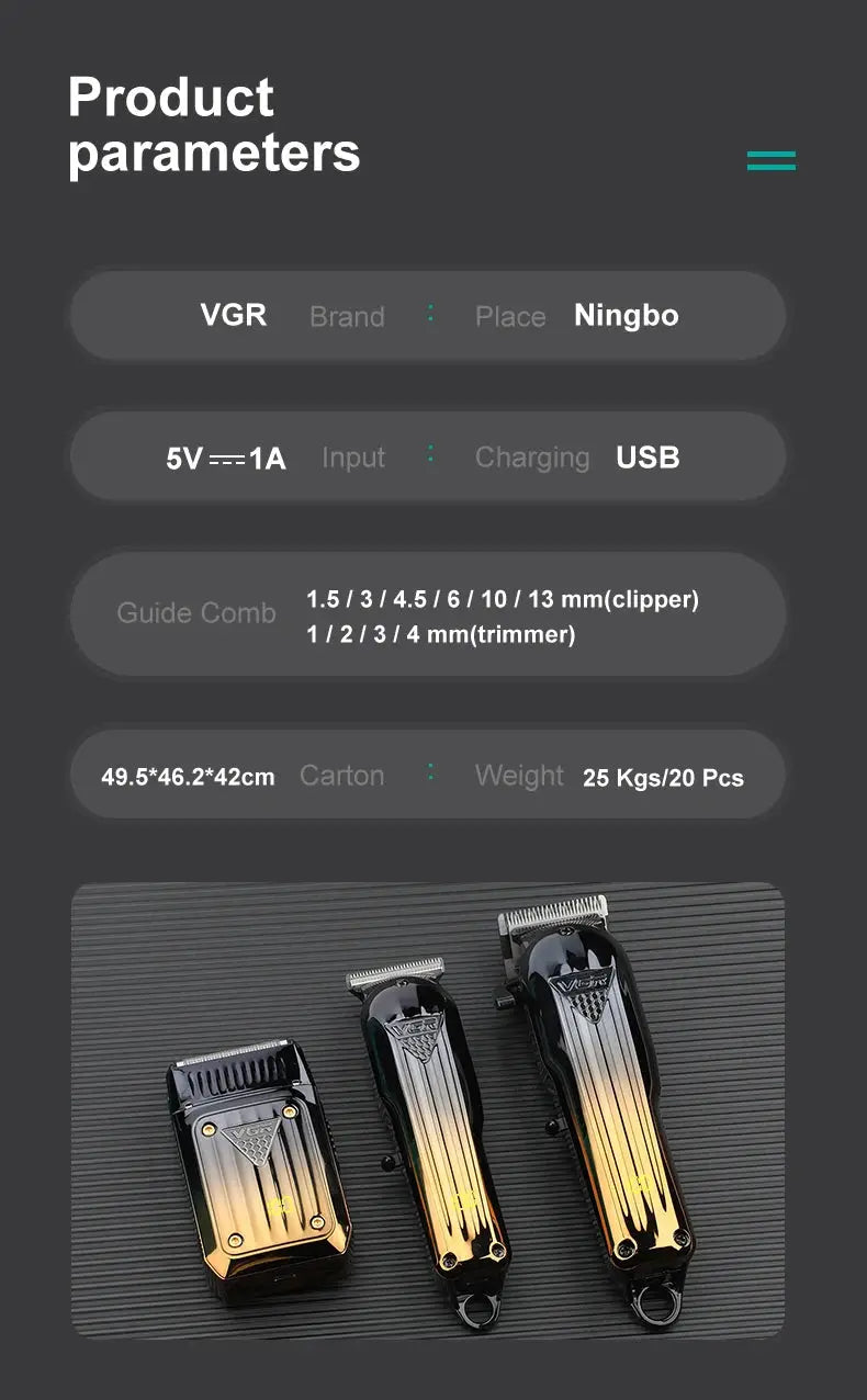 VGR 644 gradient hair cutting clippers set of 3 rechargeable trimmers in black-to-gold finish