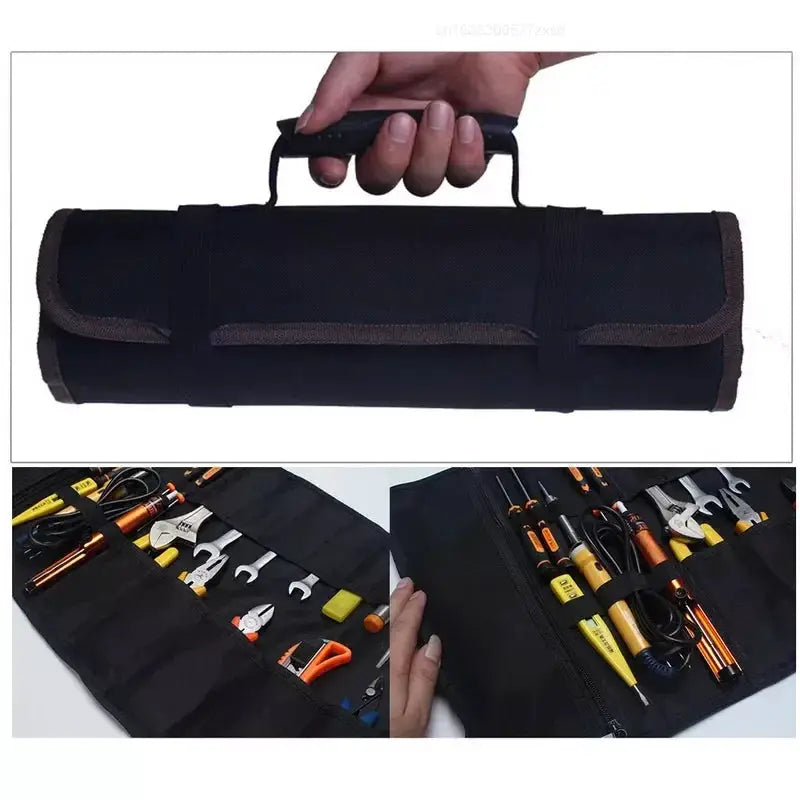 Simples Market black Oxford canvas tool roll bag with handle, opens to reveal tool pockets.