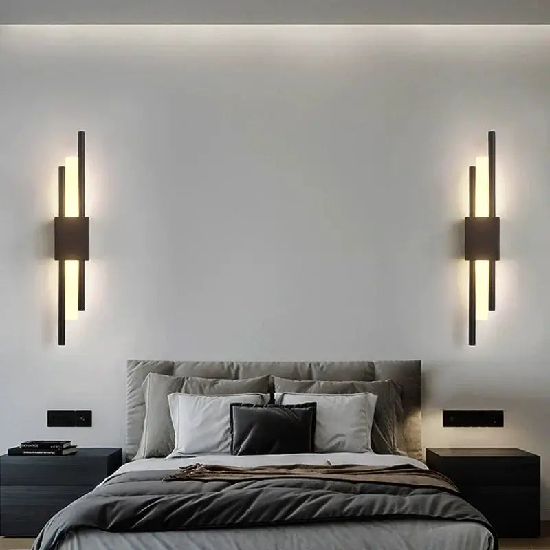 Nordic LED wall lamp pair, rechargeable bedside wall lights in black metal with vertical bars for a modern bedroom