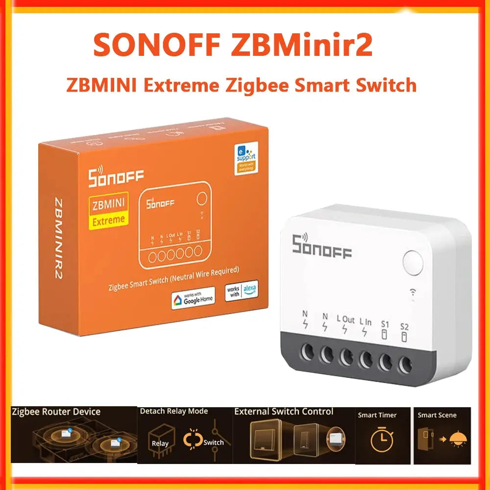 SONOFF ZBMINIR2 Extreme Zigbee Smart Switch kit with orange box and white external switch module by Simples Market
