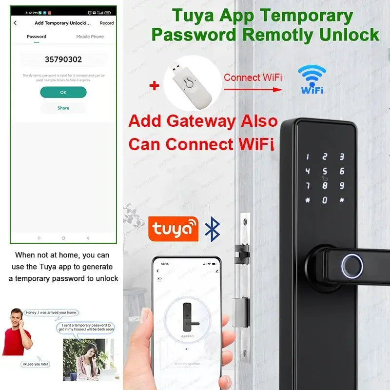 RAYKUBE K20 biometric fingerprint door lock in black with keypad, supports Tuya app, IC card, password and key unlock.