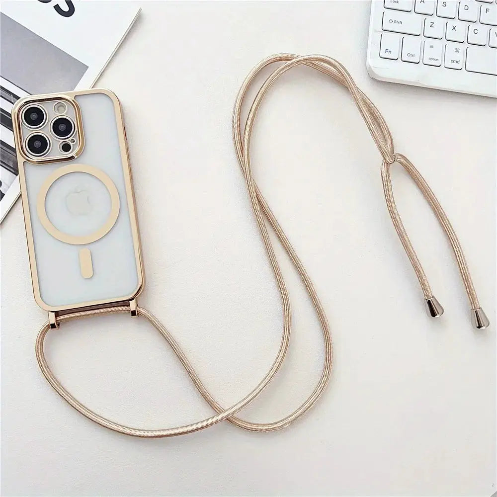 Simples Market crossbody lanyard phone case with rose-gold MagSafe cord for iPhone 11–17 Pro Max