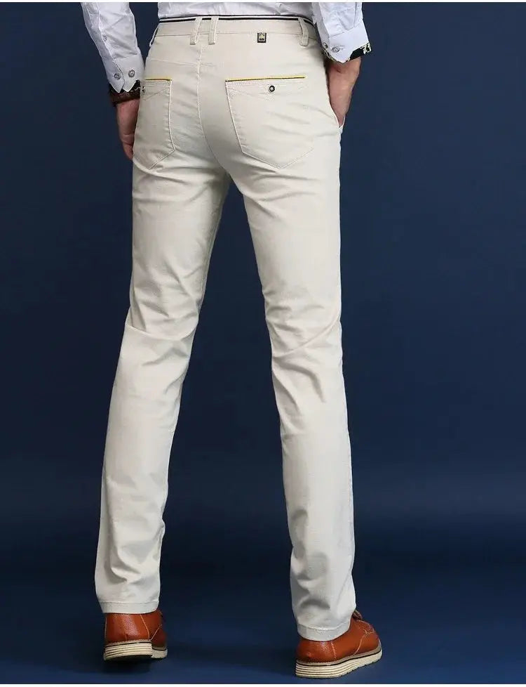 Men's beige cotton trousers by Simples Market; casual office style with back pockets.