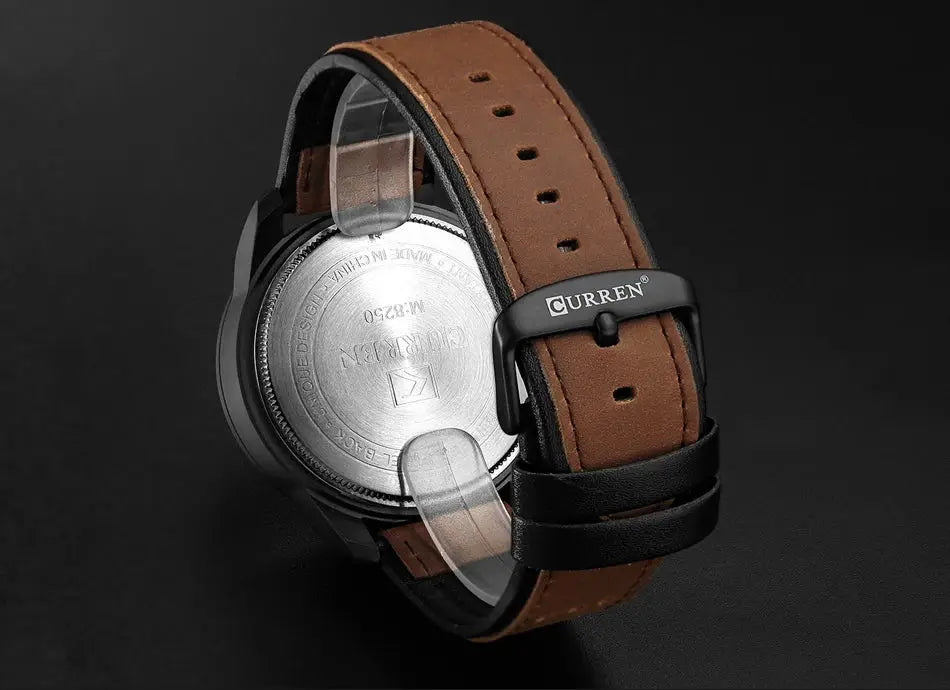 CURREN 8250 men's wristwatch, brown leather strap, black case, stainless steel back