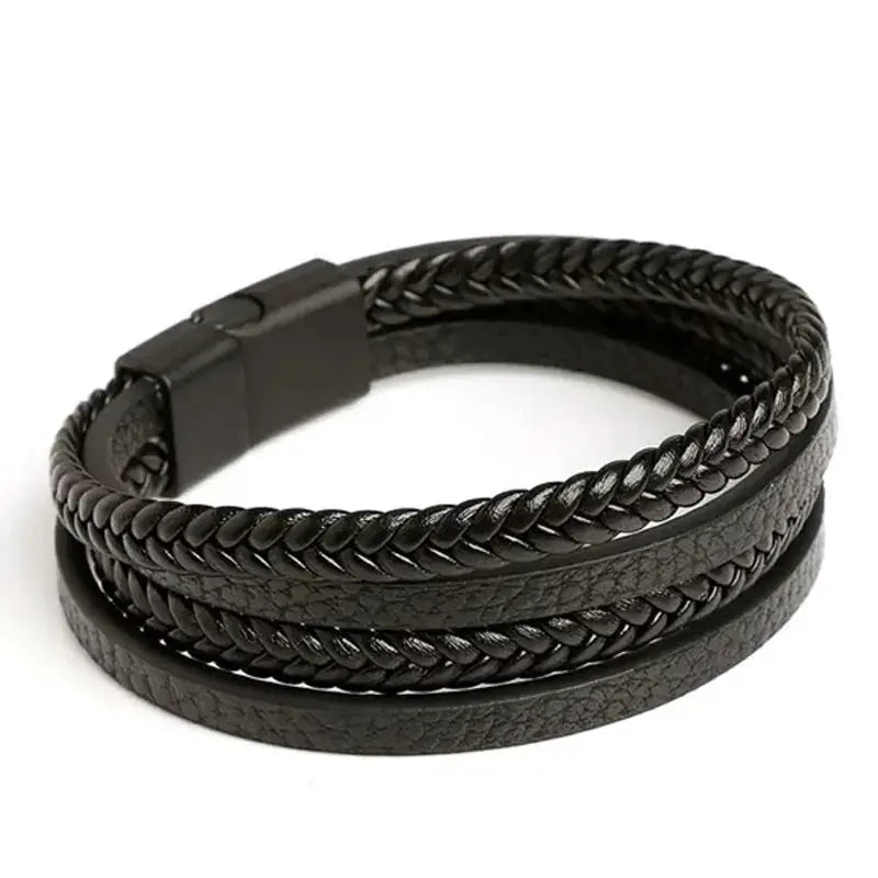 Men's black leather bracelet with multi-layer braided strands and a stainless steel clasp