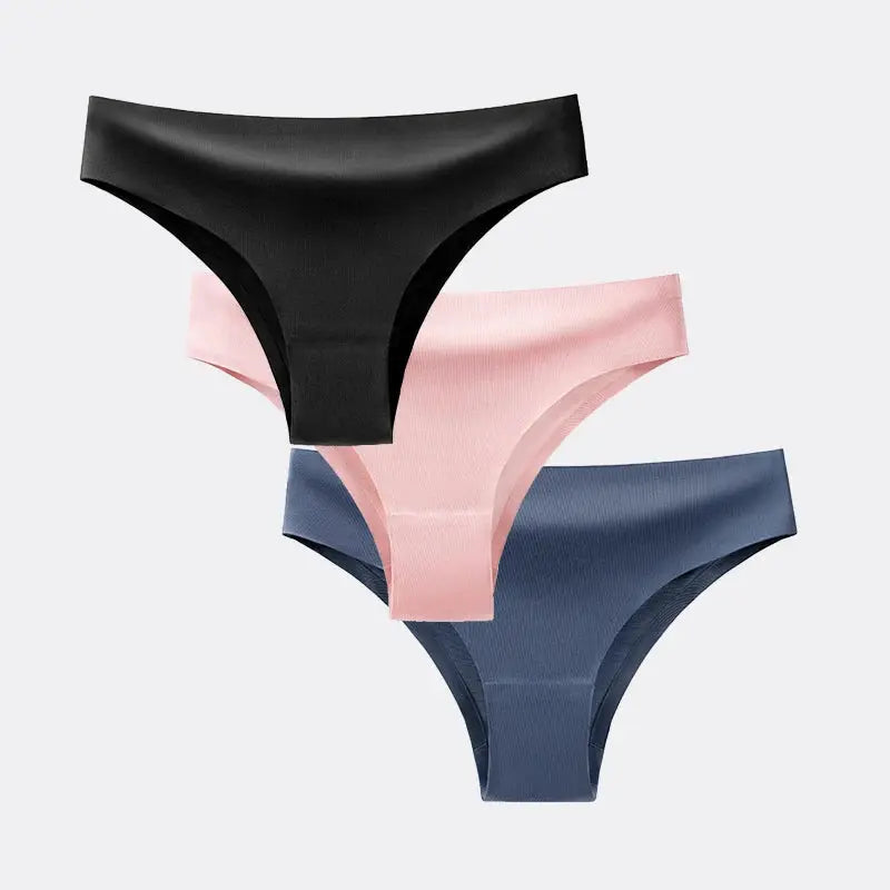 Women's seamless T-back thong underwear 3-pack in black, pink, and blue ice-silk fabric