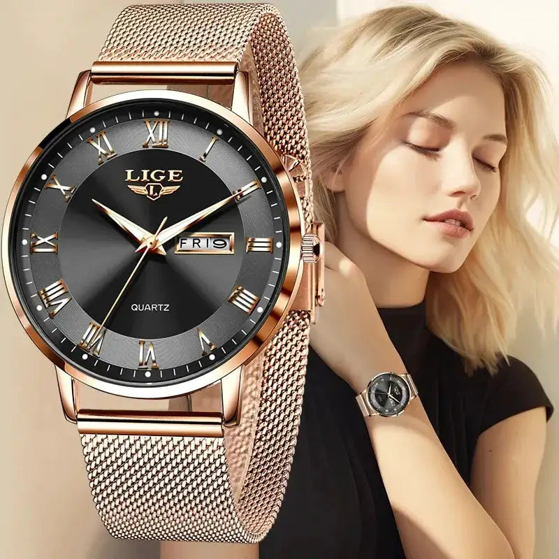 LIGE women's luxury quartz watch with rose gold mesh bracelet, black dial, Roman numerals and date display