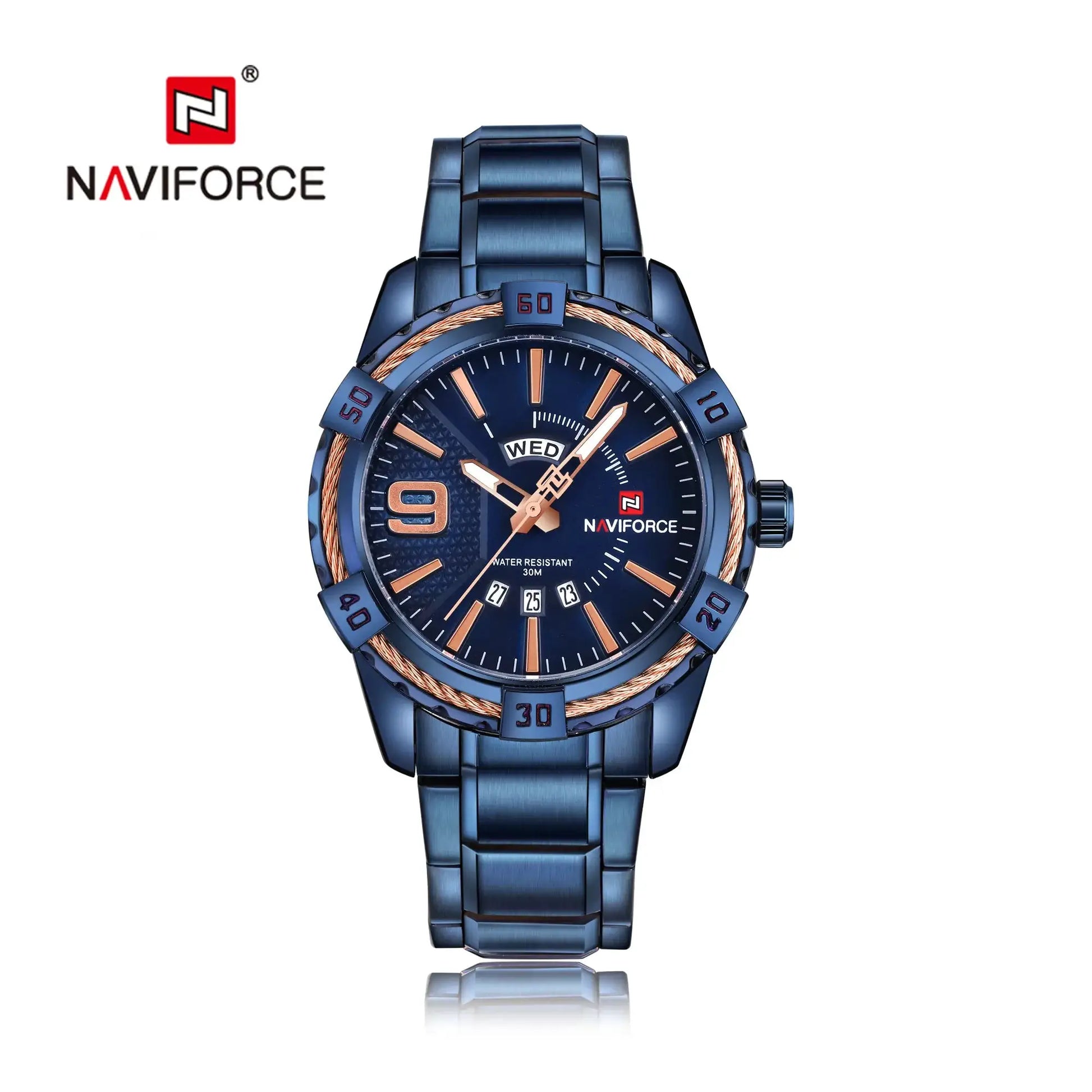 NAVIFORCE men's luxury wristwatch with blue stainless-steel band, rose-gold accents and day-date dial