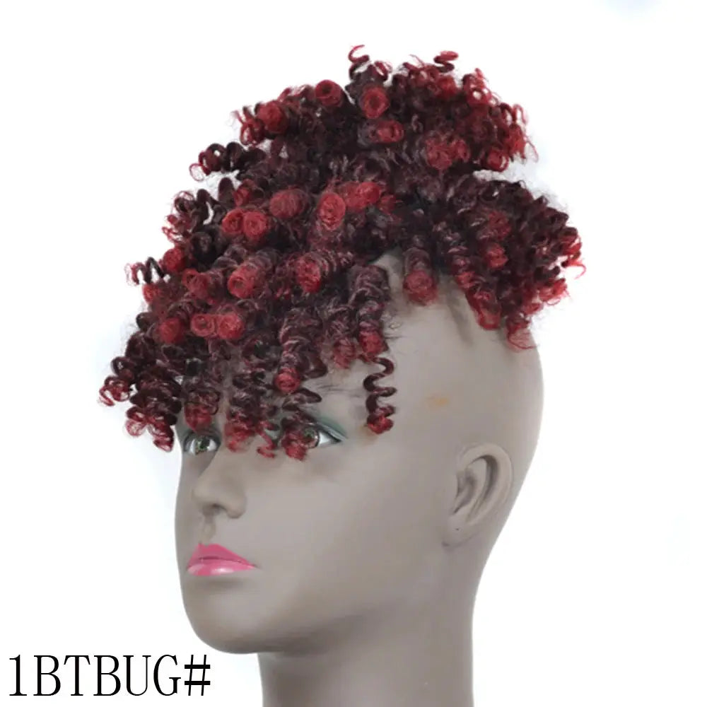 Afro puff updo drawstring ponytail with bangs, burgundy red kinky curly synthetic hair by Simples Market.