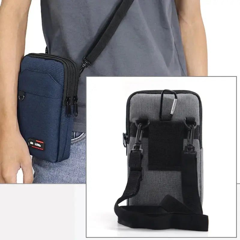 New Men's Waterproof Tactical Waist Pack by Simples Market in navy blue with crossbody strap and phone pouch, two views.