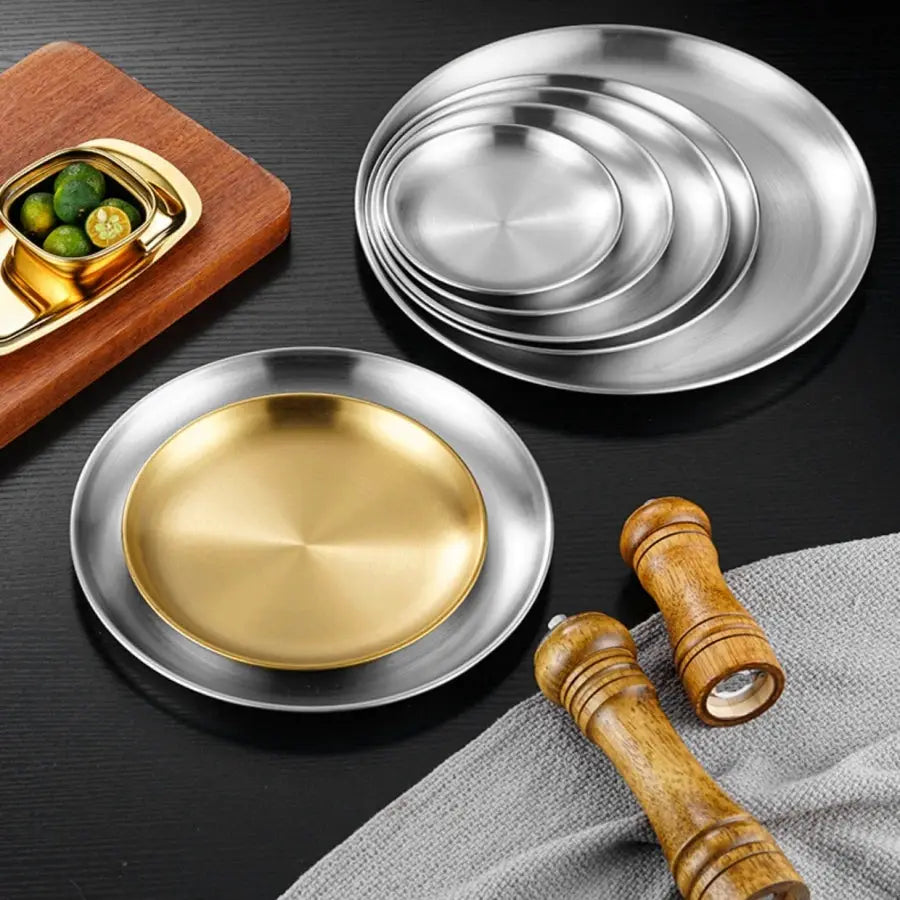 Circular Stainless Steel Plate Tray for Dining and Korean Barbecue Perfectly Suited for Steaks and Serving Plates