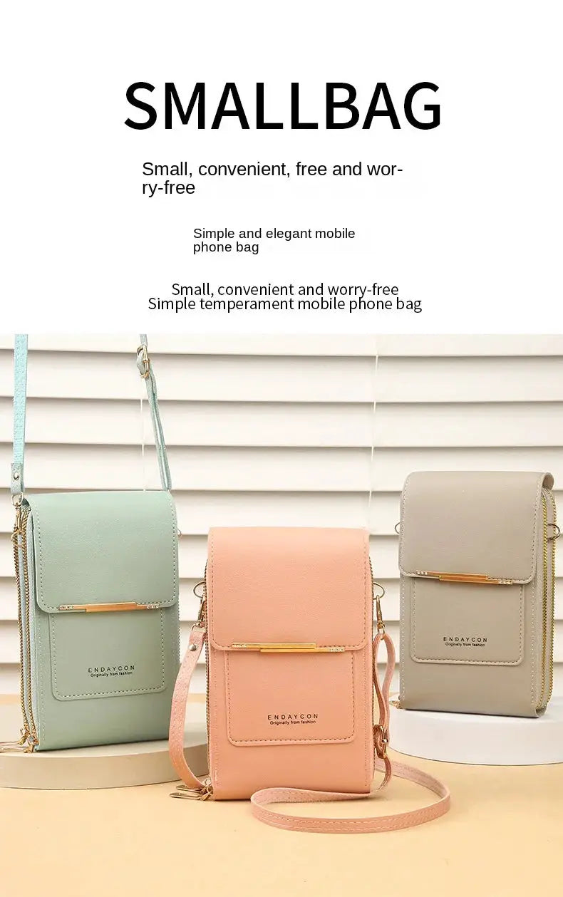 Small crossbody phone bag trio by ENDAYCON in pastel green, peach and beige with gold hardware