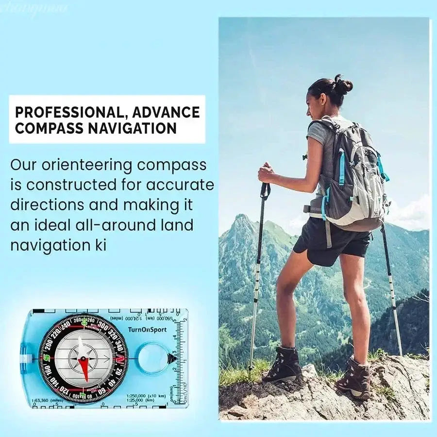 Simples Market waterproof hiking compass, blue handheld navigation device with TurnOnSport branding.
