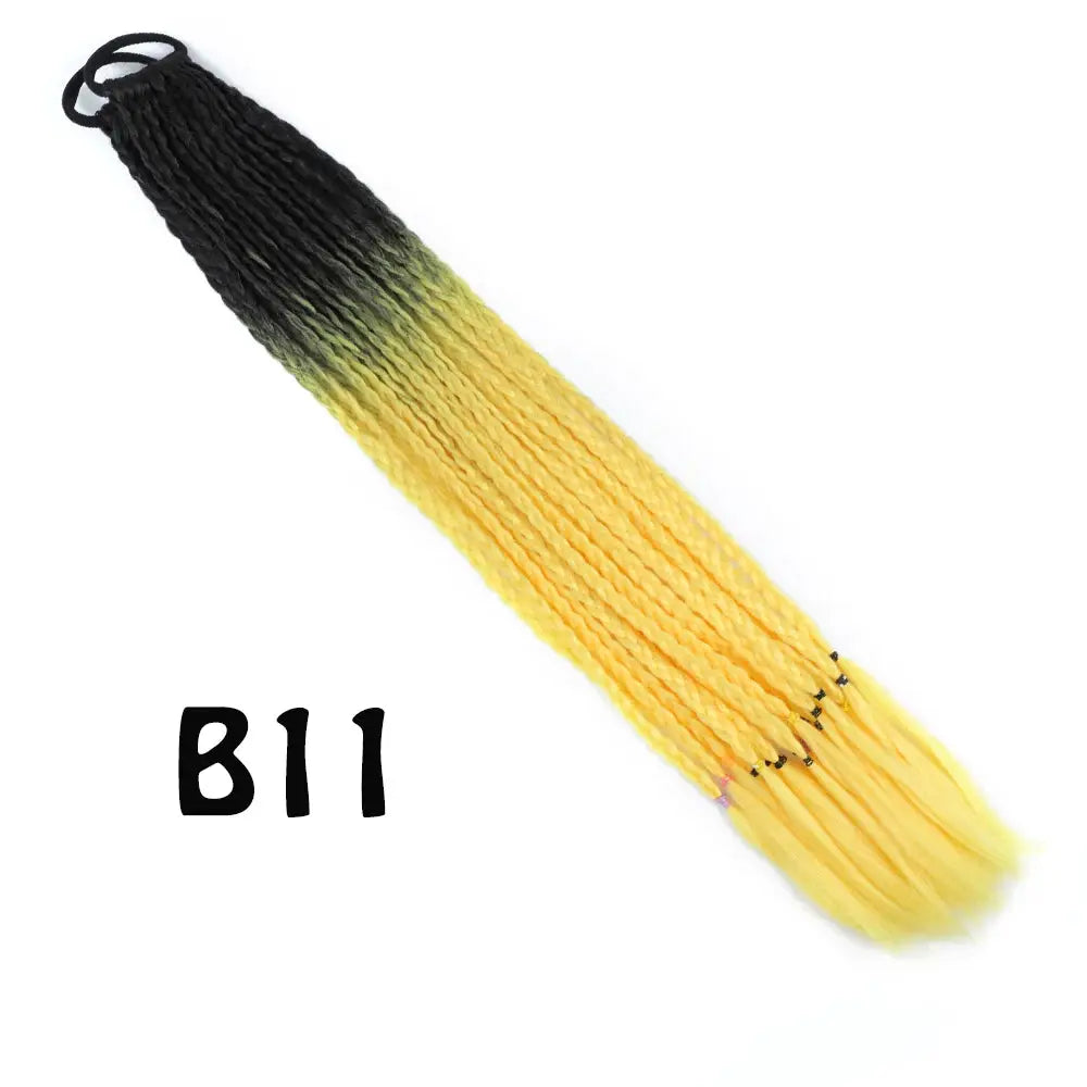 Rainbow gradient braided ponytail extension (synthetic) with elastic band, 24 inches long, black-to-yellow ombre.