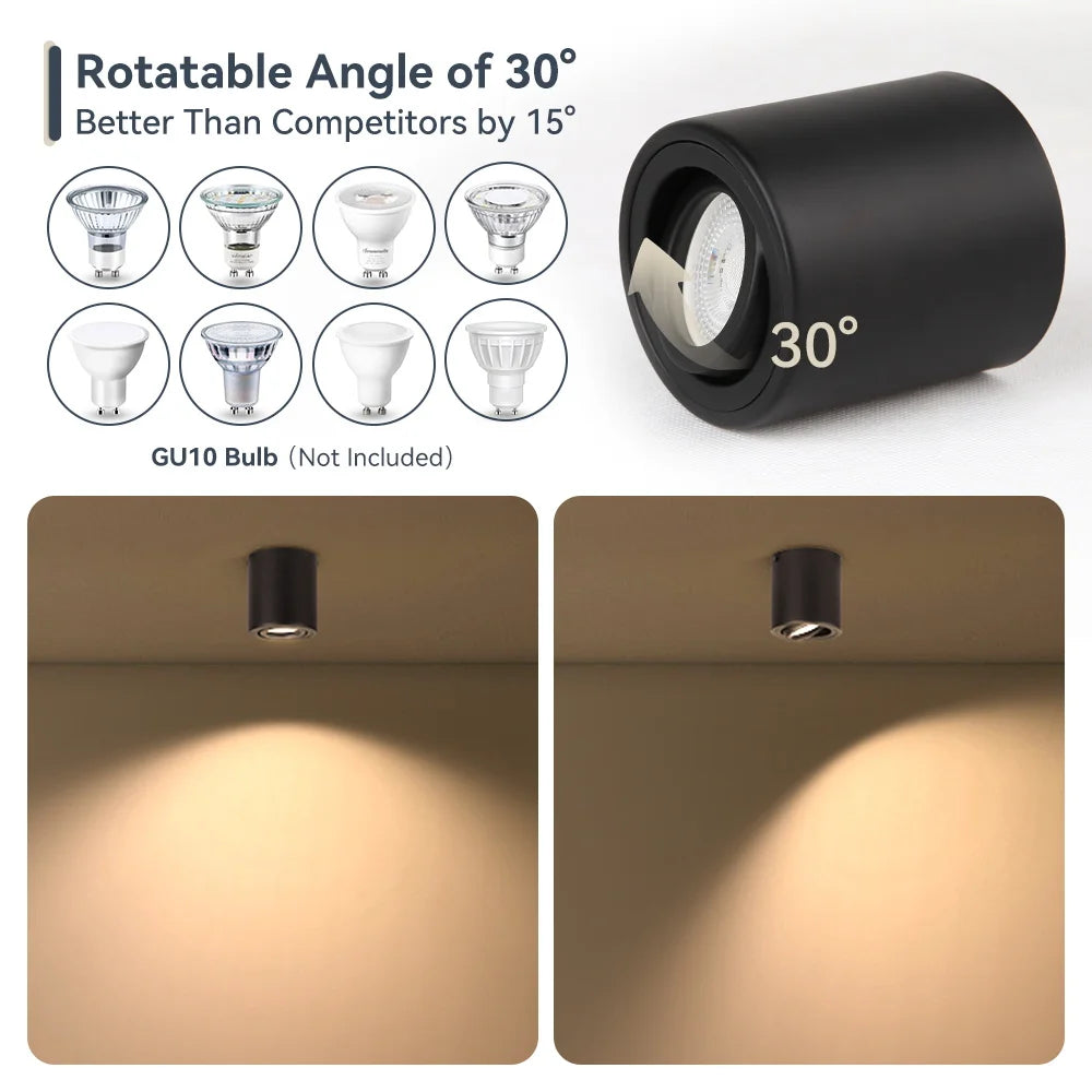 Simples Market replaceable-bulb GU10 ceiling downlight spotlight, black cylindrical luminaire with 30° rotation.
