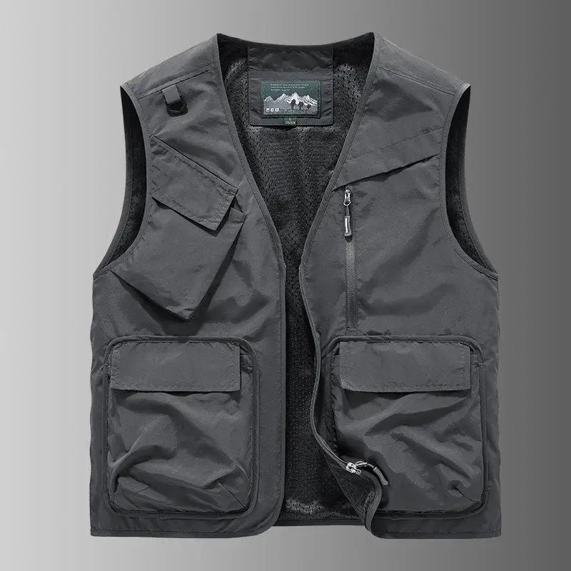 Men's gray sleeveless outdoor fishing vest with multiple pockets, zippered chest pocket and large front cargo pockets