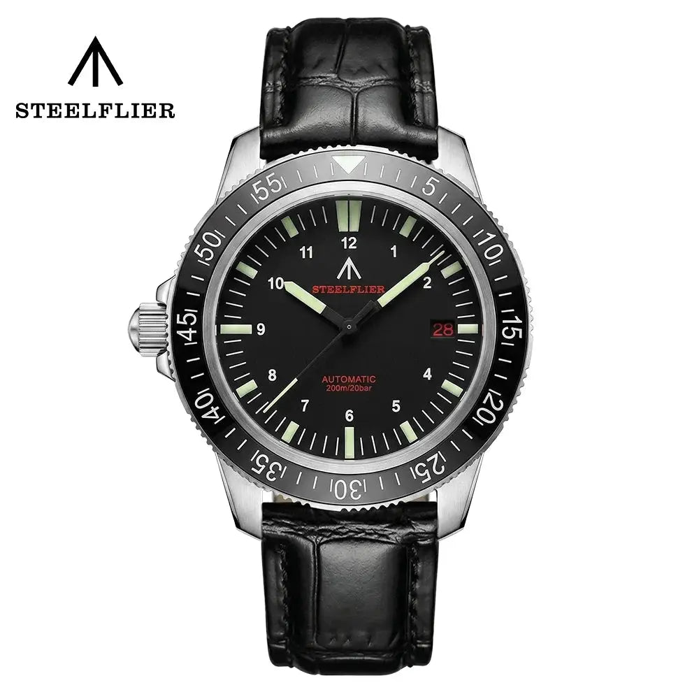 STEELFLIER SF783 NH35 automatic dive watch with black dial, luminous markers, ceramic bezel, black leather strap