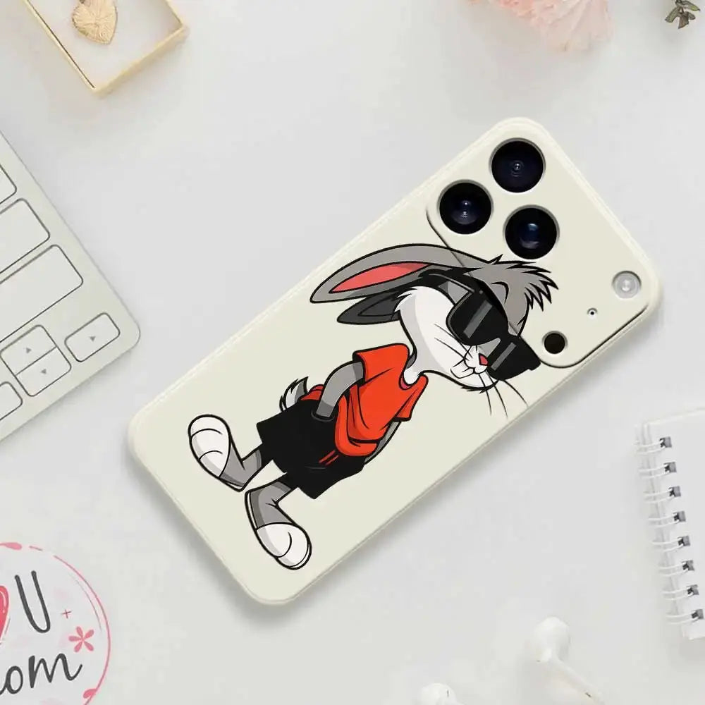 Cool Rabbit silicone phone case for iPhone in beige with a cartoon rabbit wearing sunglasses