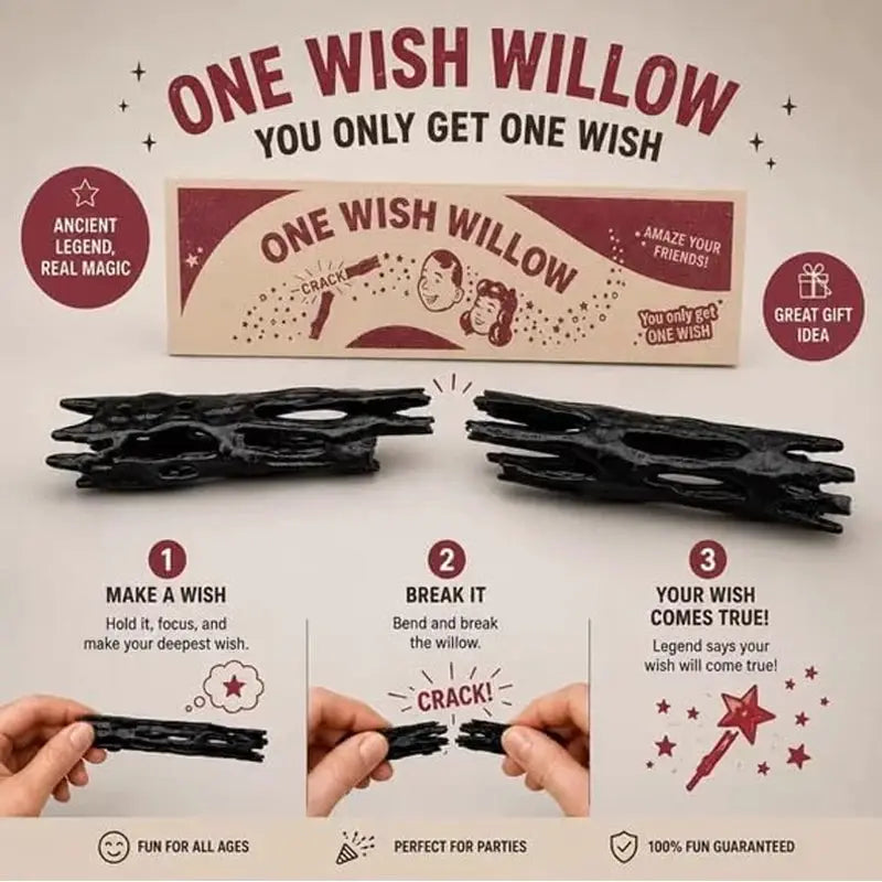 Two black Wish Willow snap sticks with box by Simples Market; breakable magic wish charm.