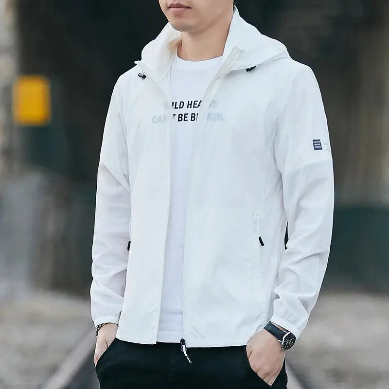 White lightweight hooded jacket with zip front and breathable UV protection for men