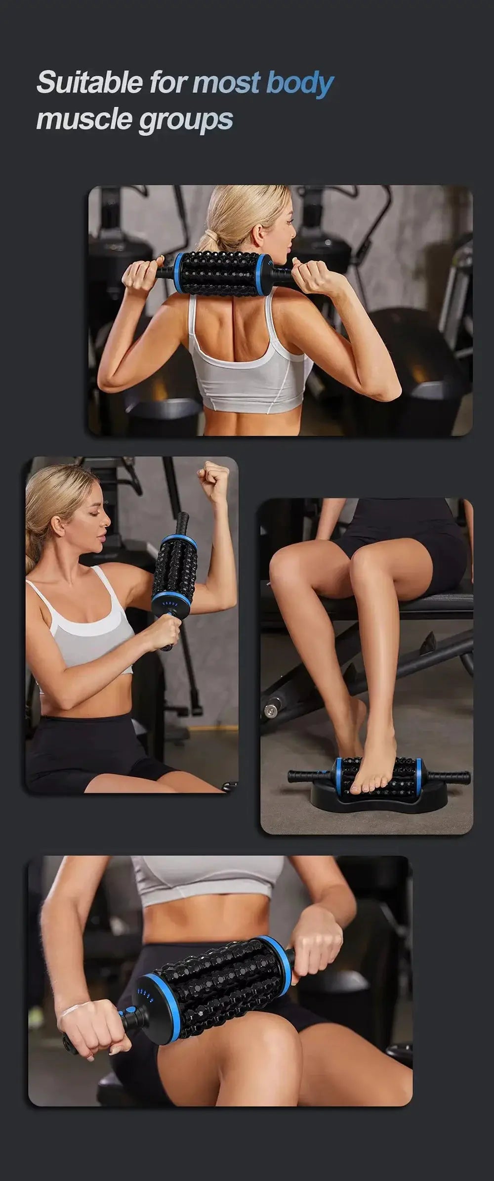 Cordless roller body massager with blue accents; rechargeable, 360 rolling percussion for back, legs and feet