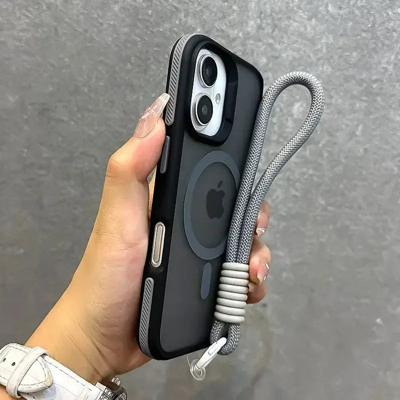 Simples Market MagSafe wrist-strap phone case in black with gray braided lanyard for iPhone 16/15/14/17 Pro Max