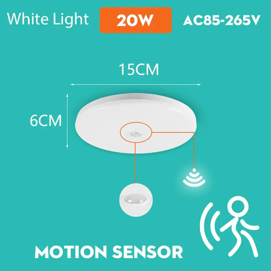 Simples Market motion sensor ceiling light, white LED flush-mount fixture with sensor, 20W, 110–265V