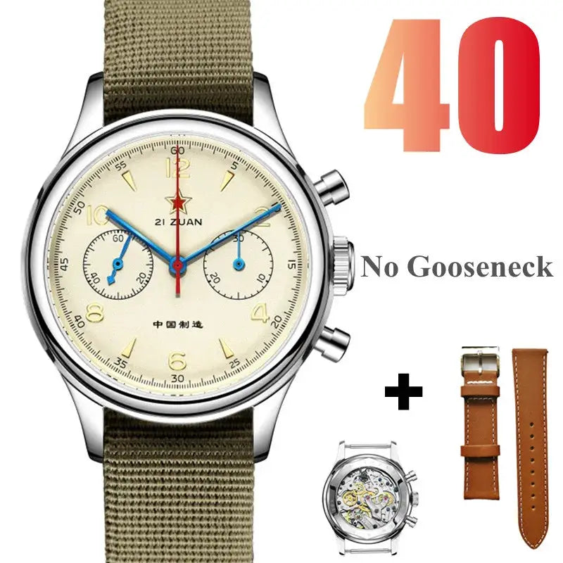 Red Star 38mm men’s chronograph watch with Seagull ST1901, beige dial and olive fabric strap; includes brown leather strap
