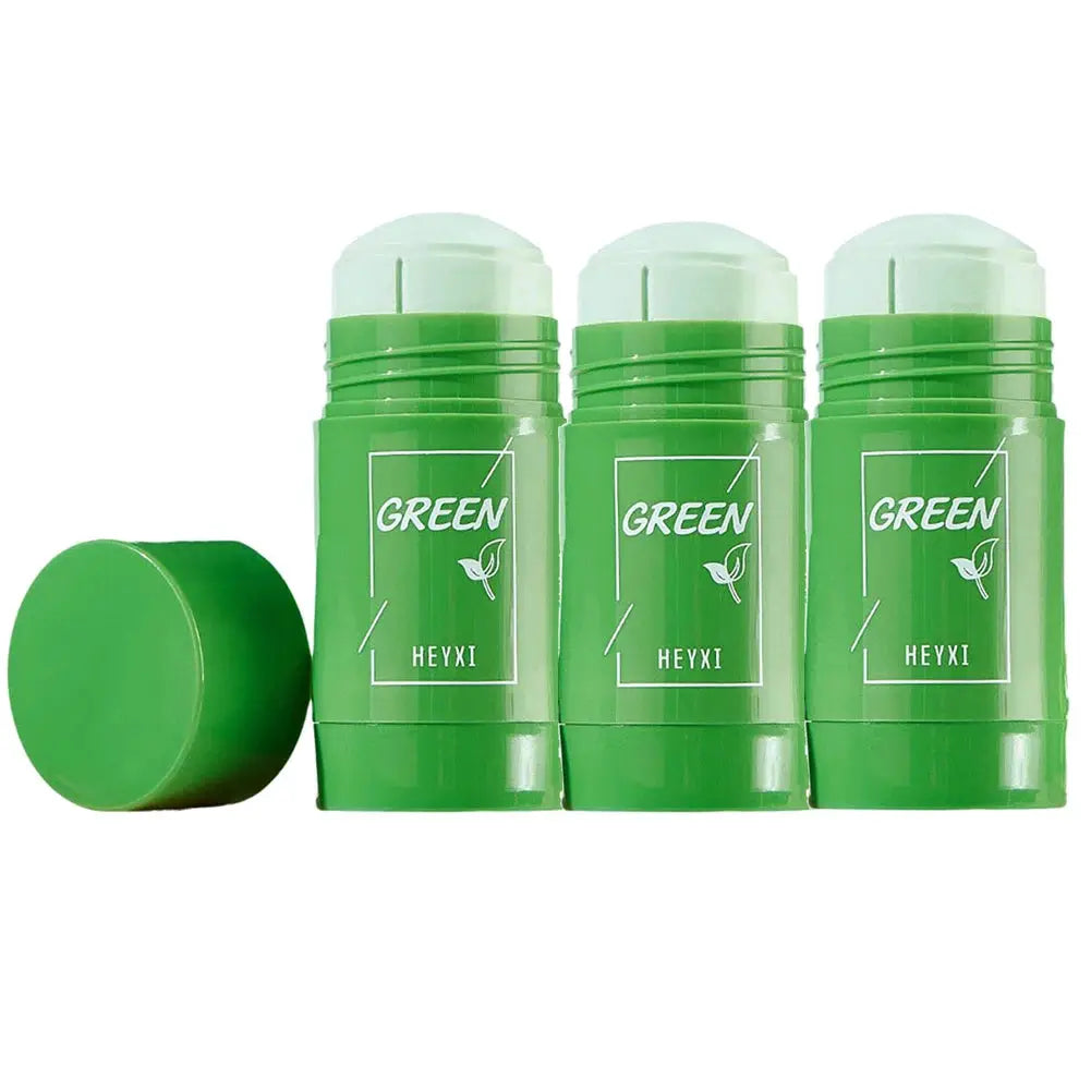 Green Tea Clay Stick facial mask set of 3; green tubes with clear caps.