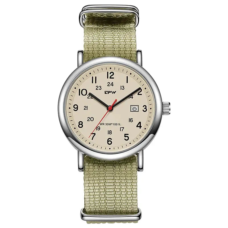 TPW field watch with beige dial, 24-hour markings, date window, stainless steel case, olive fabric strap.
