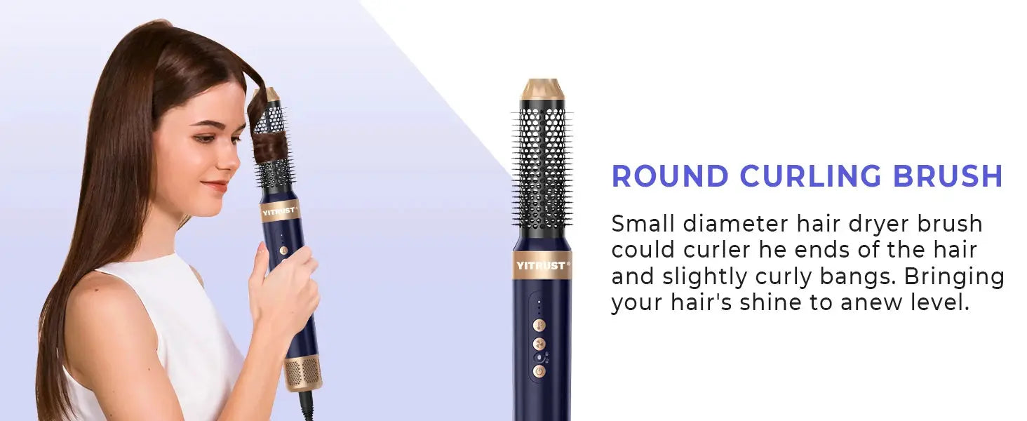 Simples Market 7-in-1 round curling hair dryer brush, blue with gold accents, shown with diffuser attachment