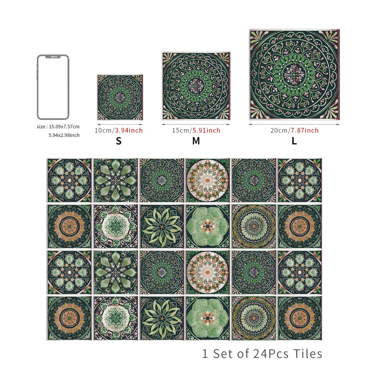 Tile self-adhesive wall sticker set, 24 pieces with green mandala designs for backsplash, waterproof peel-and-stick