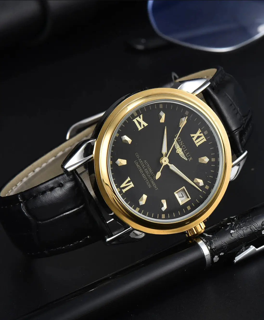 LONGLUX automatic men's watch with black dial, gold-tone bezel, day-date window, and black leather strap