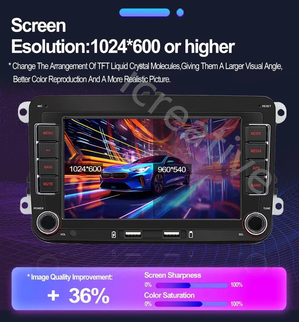2-DIN Android car radio head unit for VW and Skoda models, black touchscreen with CarPlay and GPS navigation