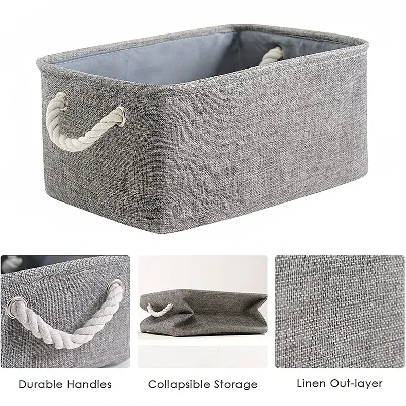 Folding linen storage basket with rope handles, gray fabric organizer