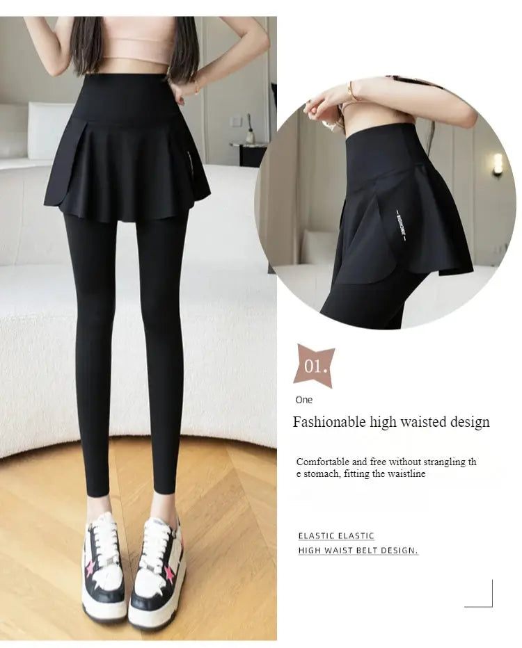 Women’s black fake two-piece seamless leggings with high waist, elastic waistband, skirt overlay and pocket for yoga