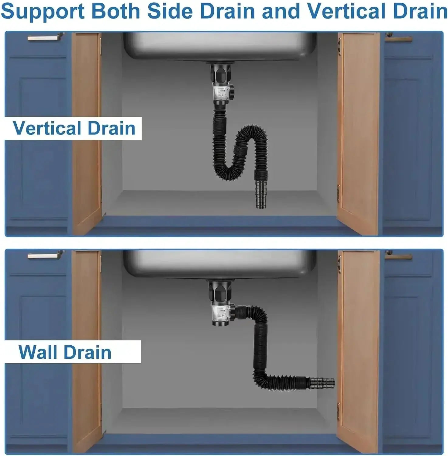 Simples Market kitchen sink drain hose assembly for vertical and wall drains, black corrugated hose