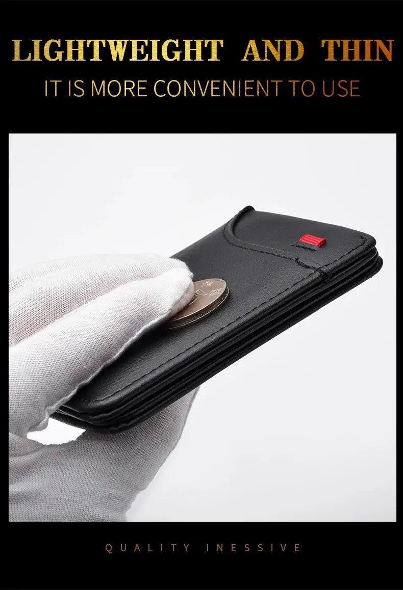 Men's vertical compact black leather wallet with multiple card slots