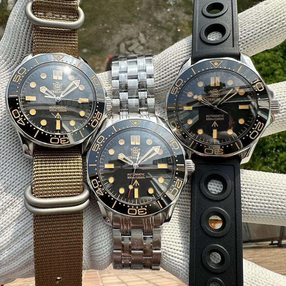 STEELDIVE SD1957 dive watches, 3 pieces: 42mm automatic with ceramic bezel, 300m, black dials, NATO/steel/rubber straps.